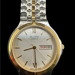 Bulova Two-Tone Gold and Silver Men's Watch with White Dial. New old stock